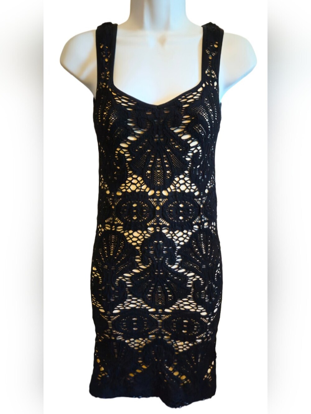 0080 Intimately Free People Lace Bodycon Mini Dress M/L Black Nude Romantic Sexy